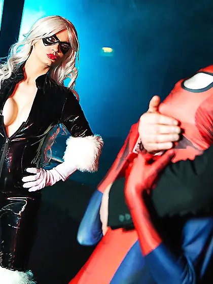 Spider-man fucks platinum blonde villain in latex showing why he