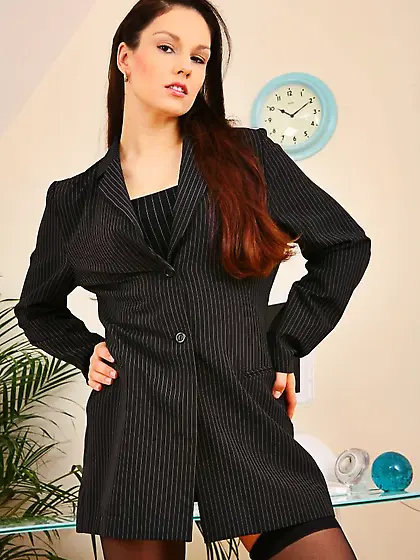 Bald pussied sweetheart Lilli in black suit and lingerie wears n