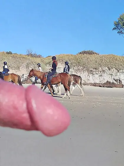 Public erection beach flasher CFNM for horseriders