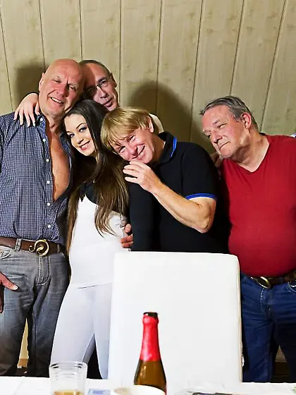 Aged poker buddies gangbang biddable brunette...