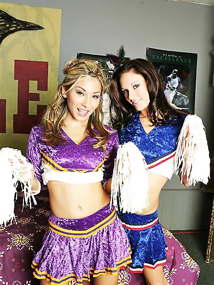 Two cheerleaders Taylor Rain and Roxy Jezel go topless and flash