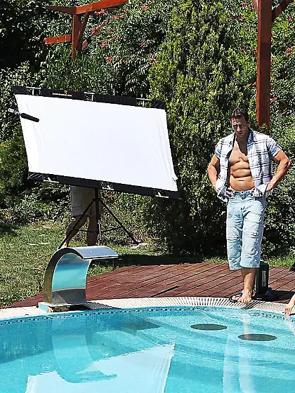 Charming Black Sonja and her sex partner making love in the pool