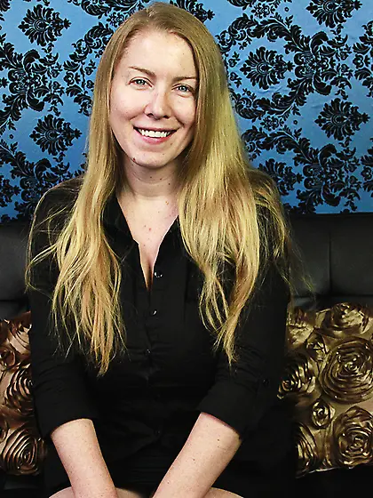 Pretty smiling fem Desiree De Luca is playing with cock and shak