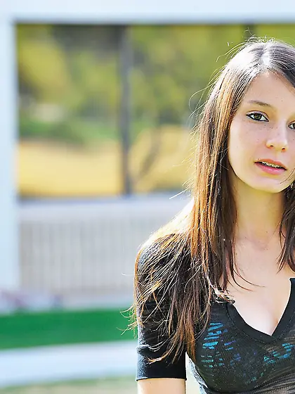 Horny teen chick Rilee Marks strips her mini skirt outdoors and