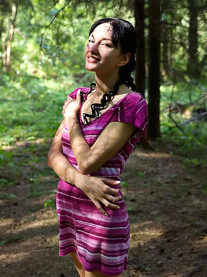 Cool brunette girl Loreen A setting ass on the wood grass and sp