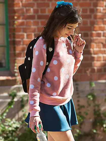 Brunette coed blue skirt
