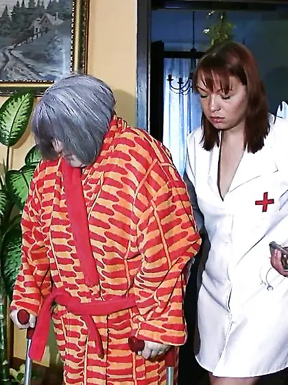 Young nurse washes a granny for fucking