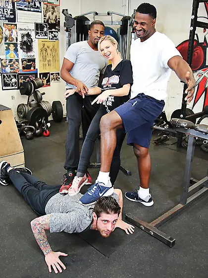 Freaky wife comes to the gym to fuck two black hunks for her hub