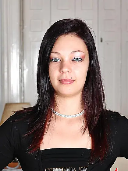 Handsome brunette Donna Sting with small titties exposing her bo