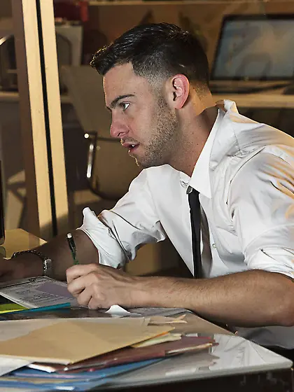 Black lingerie brunette fucks a hung guy from the office on New