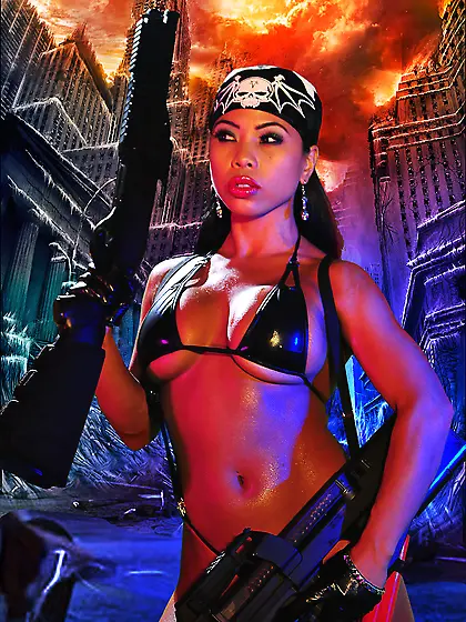 Exotic action babe with gun Genevive Valente poses in black biki
