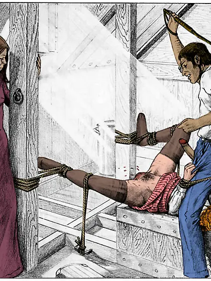 Whipped on the pussy (by Farrel).  Colorized.