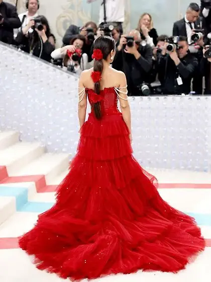 Salma Hayek in a red ball gown