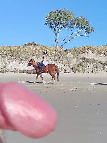 Public erection beach flasher CFNM for horseriders