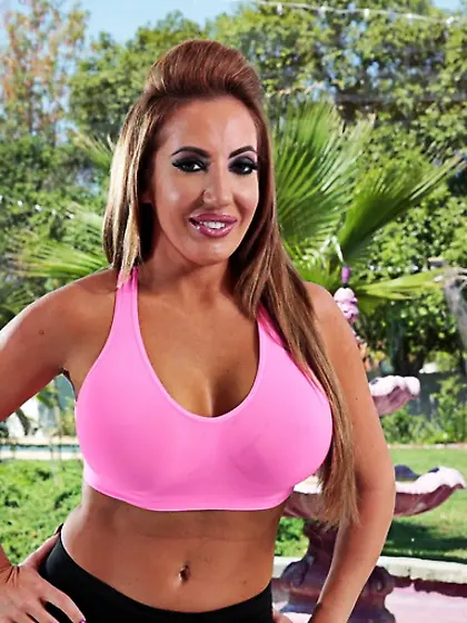 Busty brunette pink top