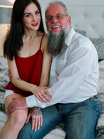 Graceful brunette with a tight body fucks an old creep big time