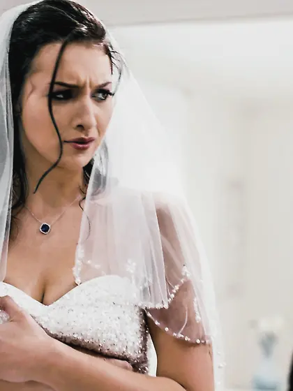 Dark-haired bride with natural tits gets deeply fucked and facia
