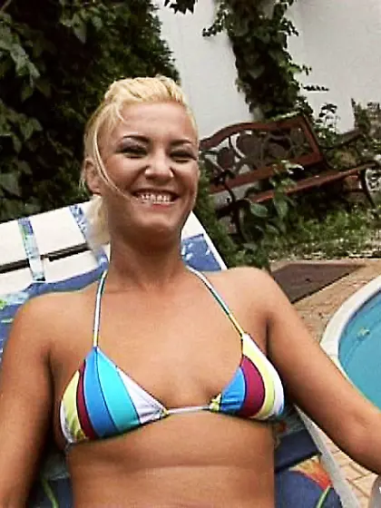 Blonde slut in a bikini is ready for some nasty sex toys.  She ge