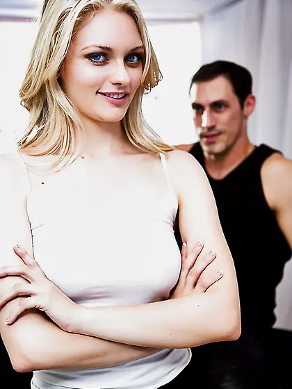 Good-looking blonde Alli Rae shares sensual kisses with tall boy