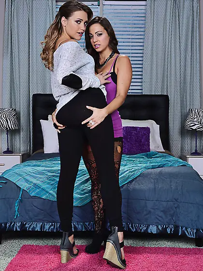 Two stunning lesbians get horny and caress pussies in acrobatic