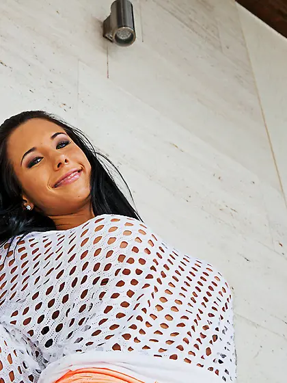 Brunette huge tits smiles