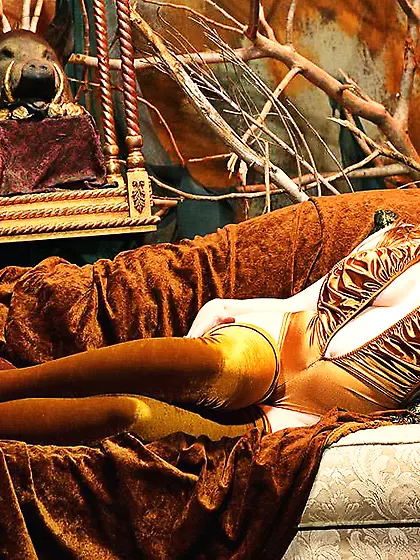 Clad in her stockings,  redhead beauty Natali Demore shows her br