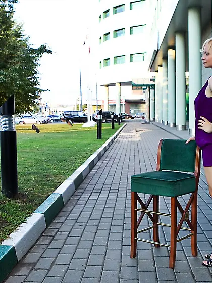 Frisky blonde chick Feeona A in lilac dress teasing with the no