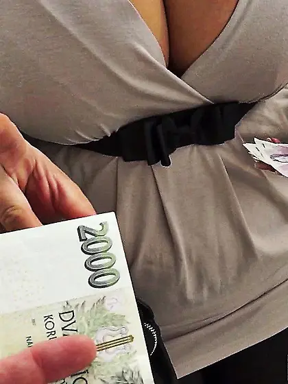 Big boobed blonde Krystal Swift is paid to strip and blow hard d