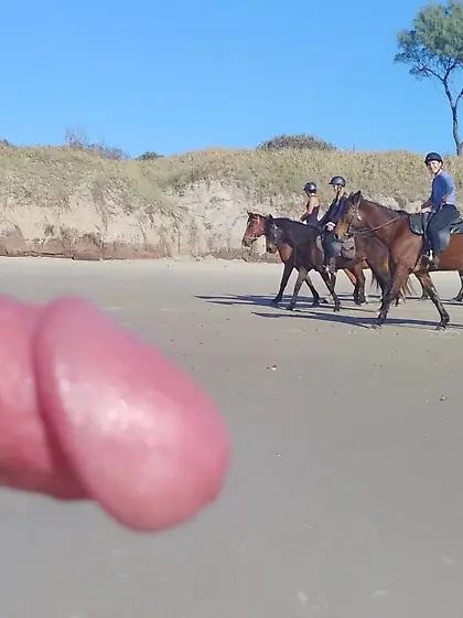 Public erection beach flasher CFNM for horseriders