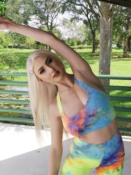 Blonde nympho with big naturals blows and rides hard prick in PO