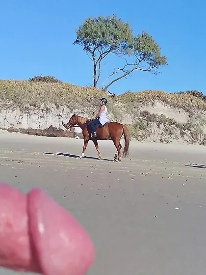 Public erection beach flasher CFNM for horseriders