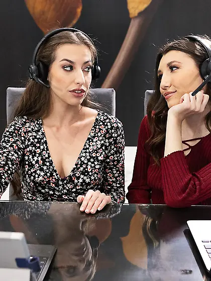 Dark-haired beauties Spencer Bradley and Maya Woulfe licking on