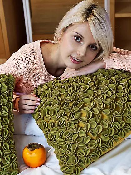 Braided blonde with tiny tits posing naked on a big white bed Vi