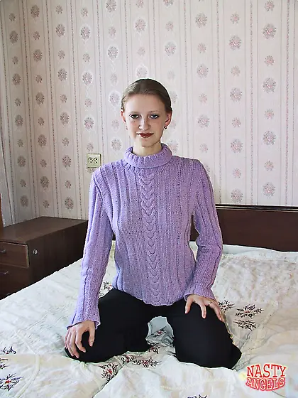 Ordinary chick in a purple sweater shamelessly strips and expose