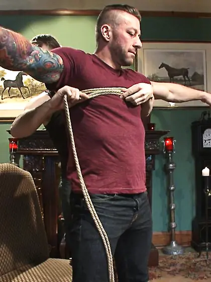 Blindfolded inked hunk bound