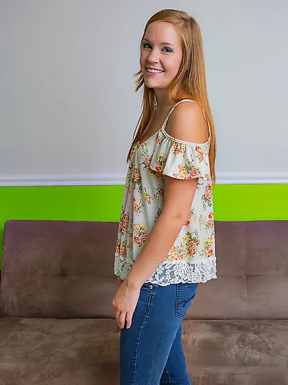 Slim hottie peels off tight jeans and blouse to reveal her tiny