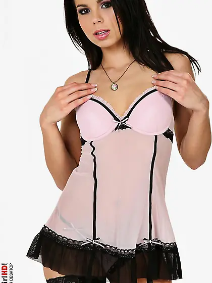 Hot brunette teen Jessica Koks stays in stockings with tits and