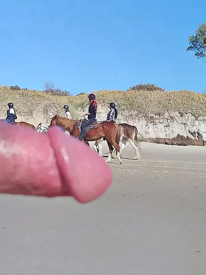 Public erection beach flasher CFNM for horseriders