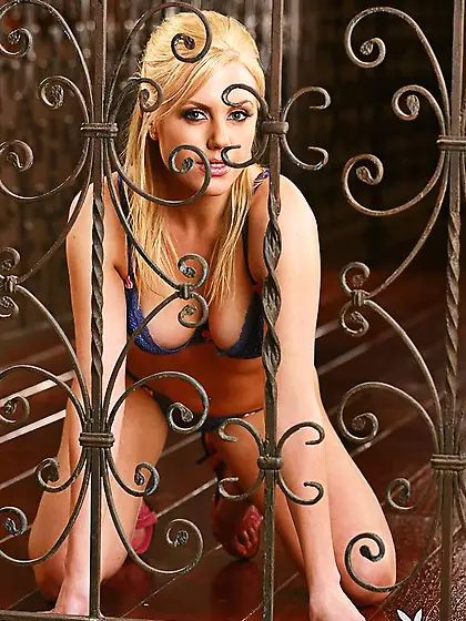 Magnificent playboy blonde Katie Cannon strips out of her blue l