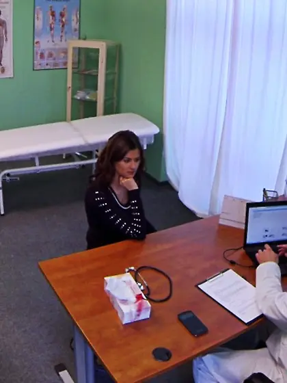 Hot brunette blue top