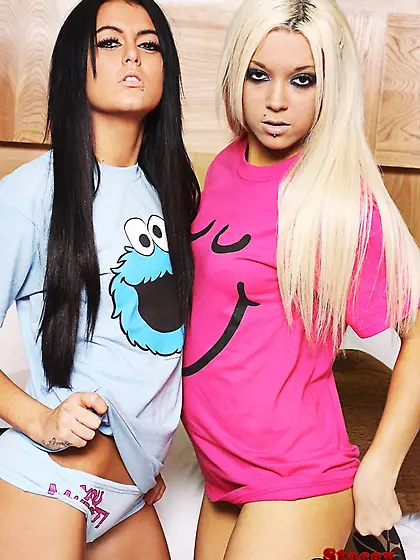 Horny brunette blonde strip