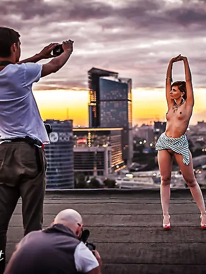 Jeny Smith fishnet pantyhose on the roof