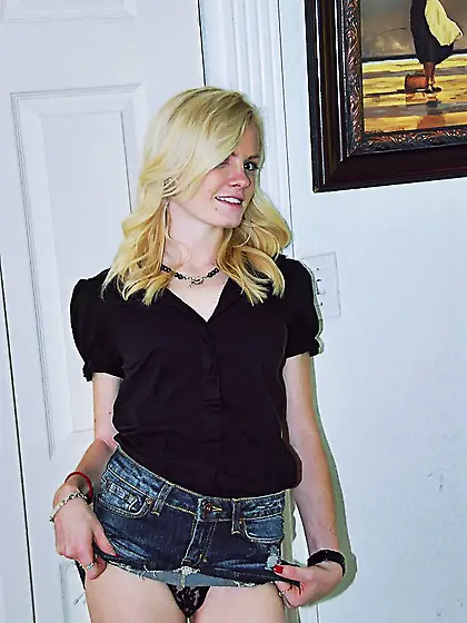 Brie Turner strips her sexy denim skirt off and gets her tight m