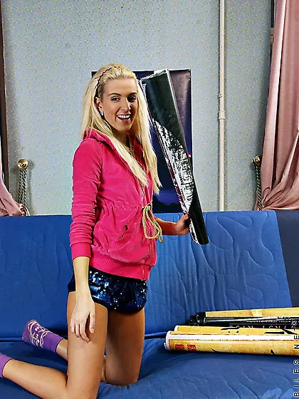 Slim blonde teen Kaleena Nubiles strips down to her violet socks