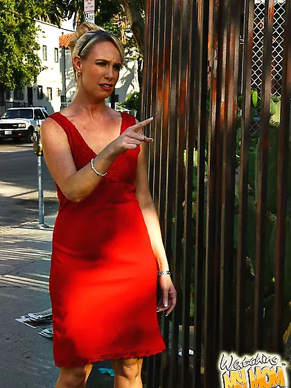 Luxurious milf Debbi Dial in red dress is pleasingly tasting the