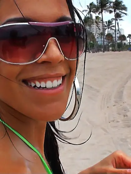 Green bikini brunette sucking cock and getting plowed poolside