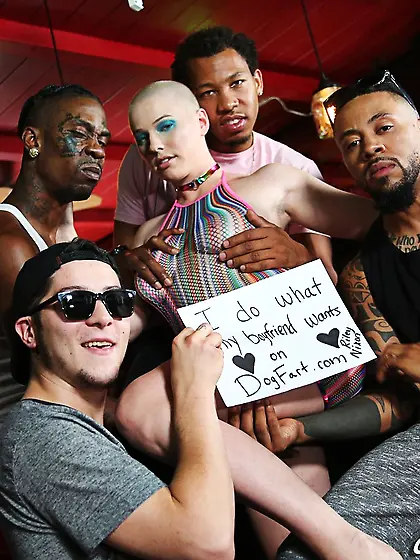 Stud watches how bald-haired GF gets gangbanged and facialized b