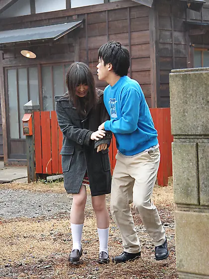 Japanese female takes shy young man behind the bar to give him a