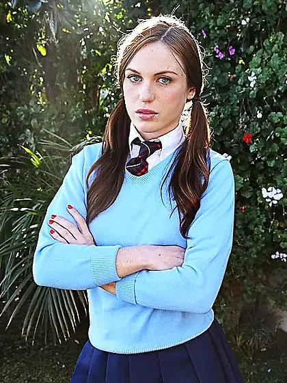 Pigtailed coed with freckles flashes shaved pussy instead of pla