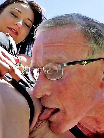 Old man chasing a pair of big young tits